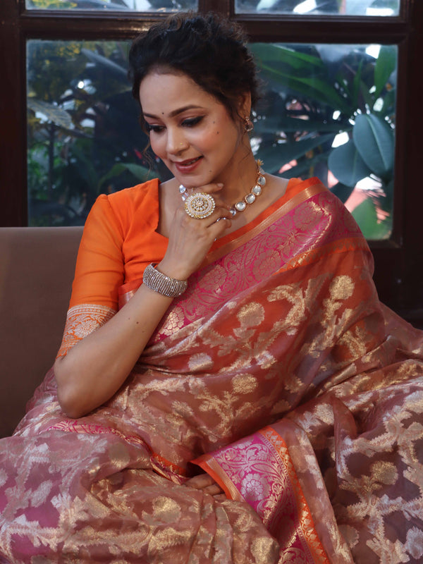 Banarasee Organza Mix Saree With Zari Jaal Design & Contrast Border-Peach & Pink