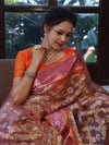 Banarasee Organza Mix Saree With Zari Jaal Design & Contrast Border-Peach & Pink