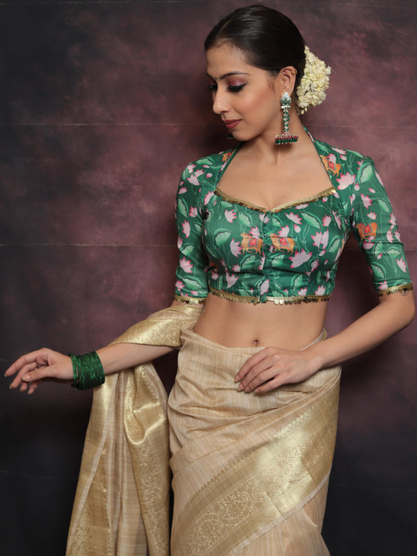 Banarasee Muslin Silk Blouse Pichwai Print-Green