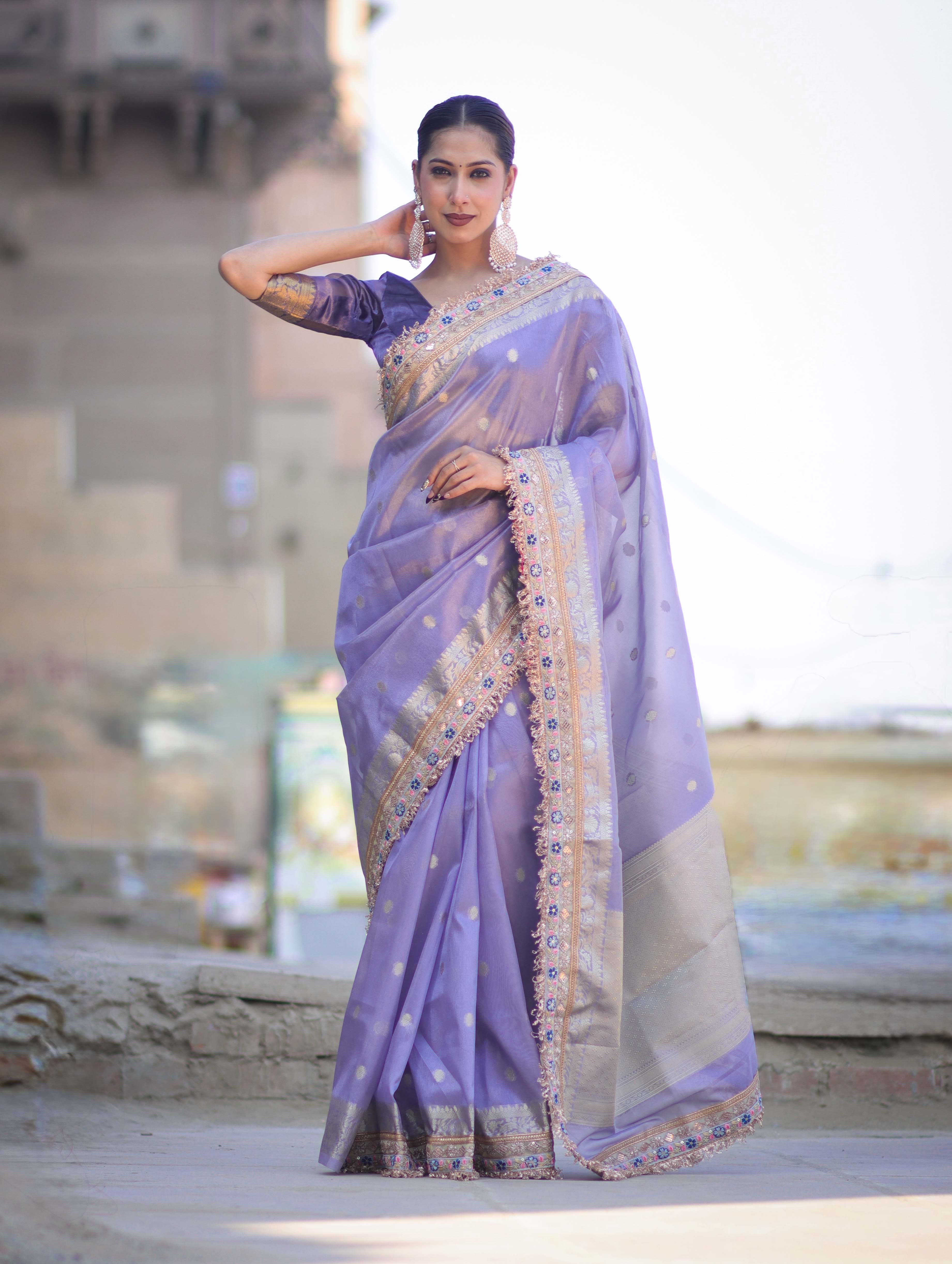 Banarasee Handloom Tissue Saree With Zari Buti Design Floral Border & Lace-Pastel Purple