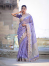 Banarasee Handloom Tissue Saree With Zari Buti Design Floral Border & Lace-Pastel Purple