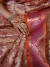 Banarasee Organza Mix Saree With Zari Jaal Design & Contrast Border-Peach & Pink