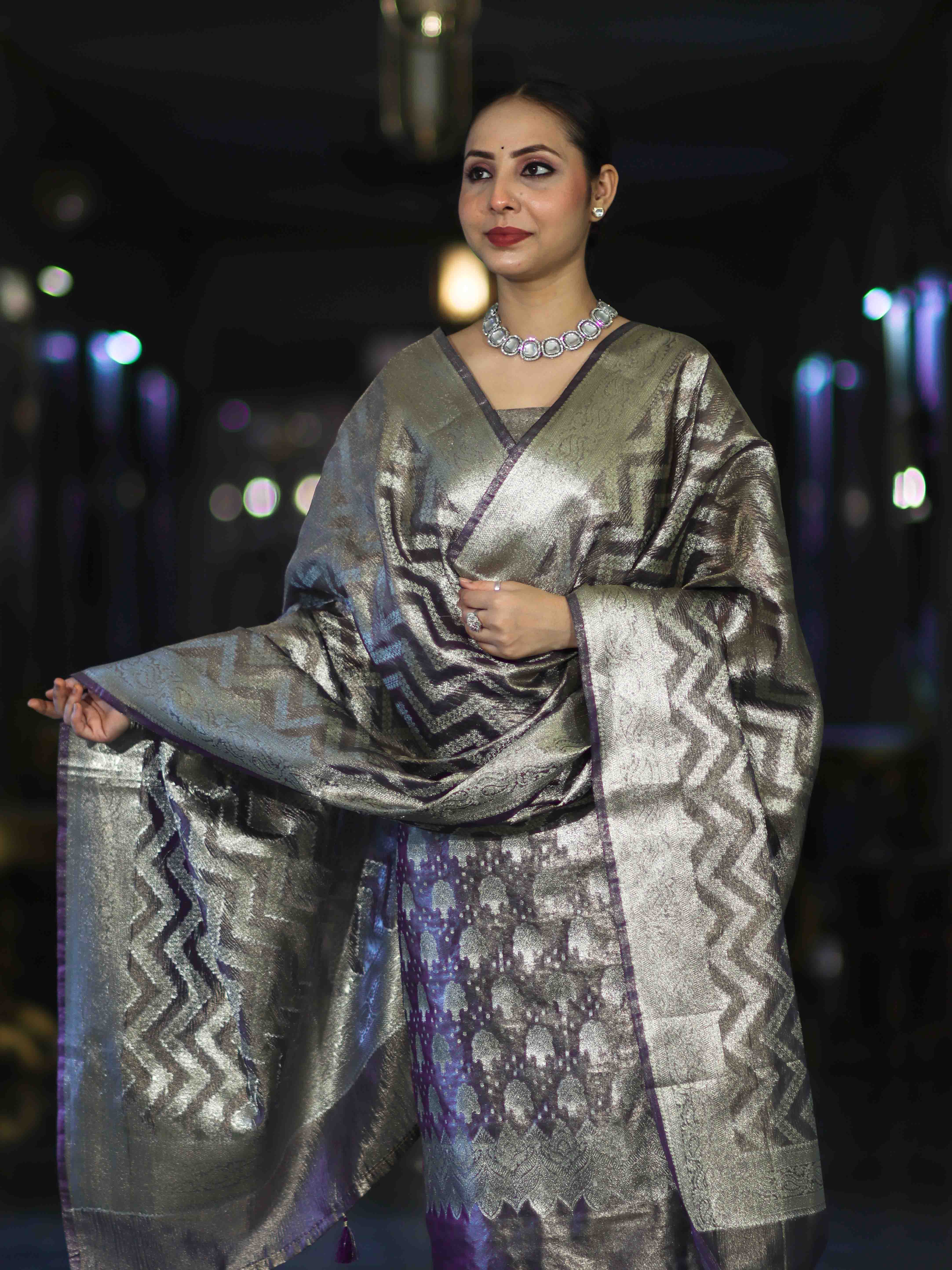 Banarasee Tissue Zari Work Salwar Kameez Fabric With Dupatta Set-Violet
