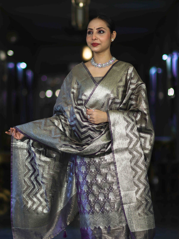 Banarasee Tissue Zari Work Salwar Kameez Fabric With Dupatta Set-Violet