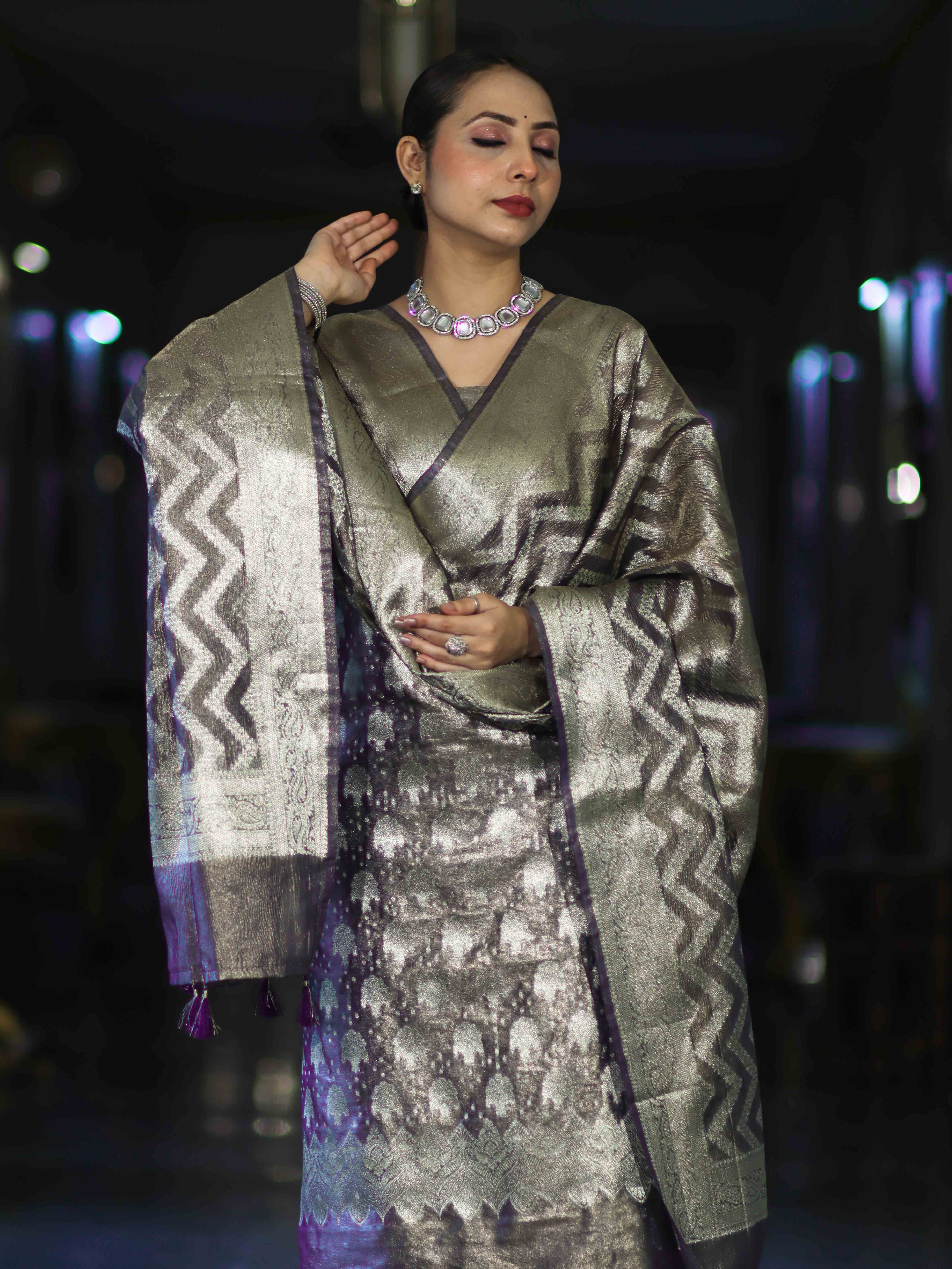 Banarasee Tissue Zari Work Salwar Kameez Fabric With Dupatta Set-Violet