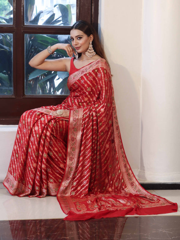Banarasee Pure Chiffon Saree With Gold Zari Work & Border-Red