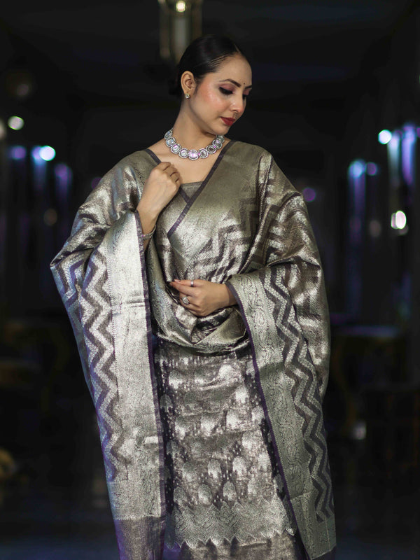 Banarasee Tissue Zari Work Salwar Kameez Fabric With Dupatta Set-Violet