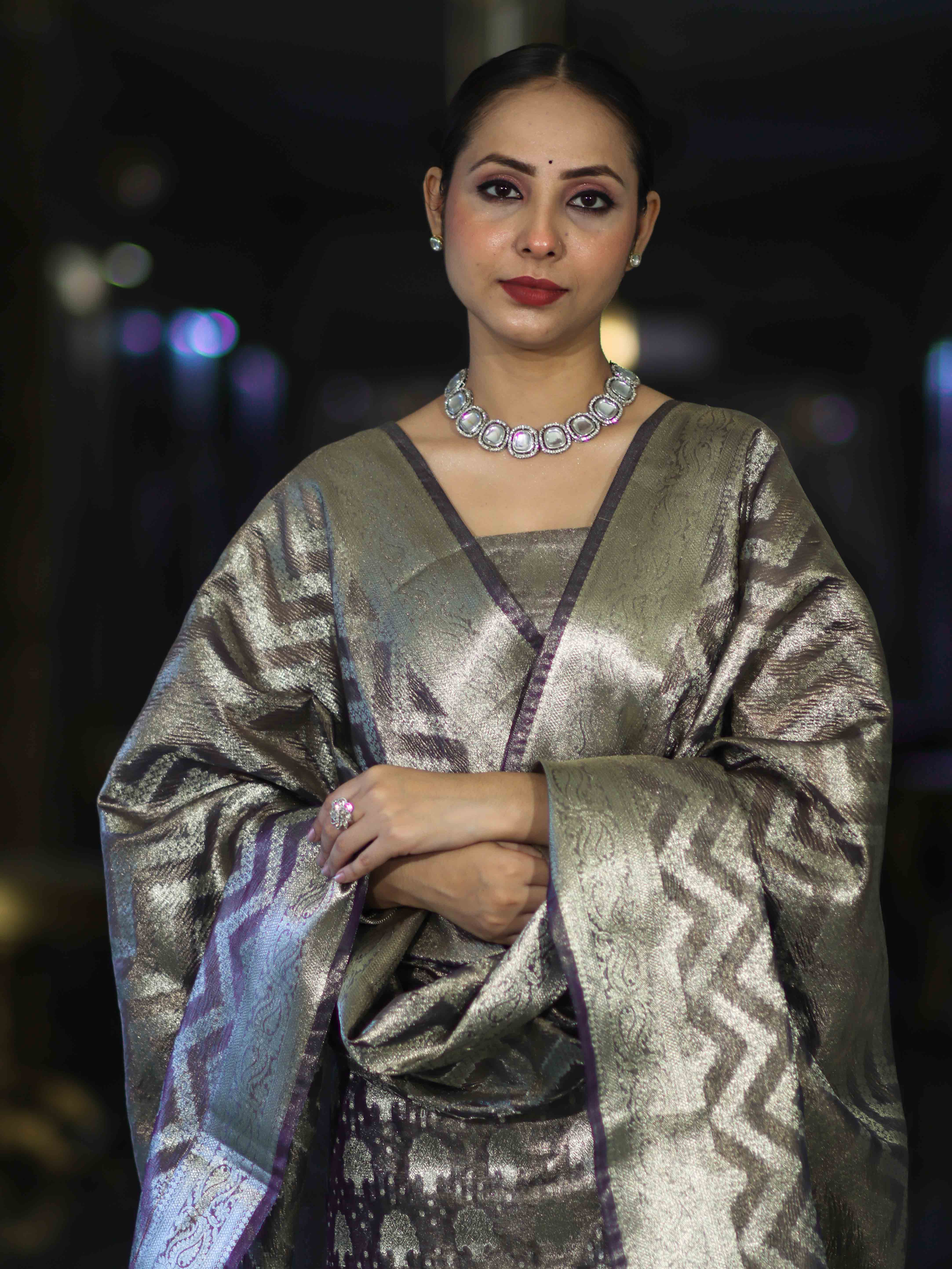 Banarasee Tissue Zari Work Salwar Kameez Fabric With Dupatta Set-Violet