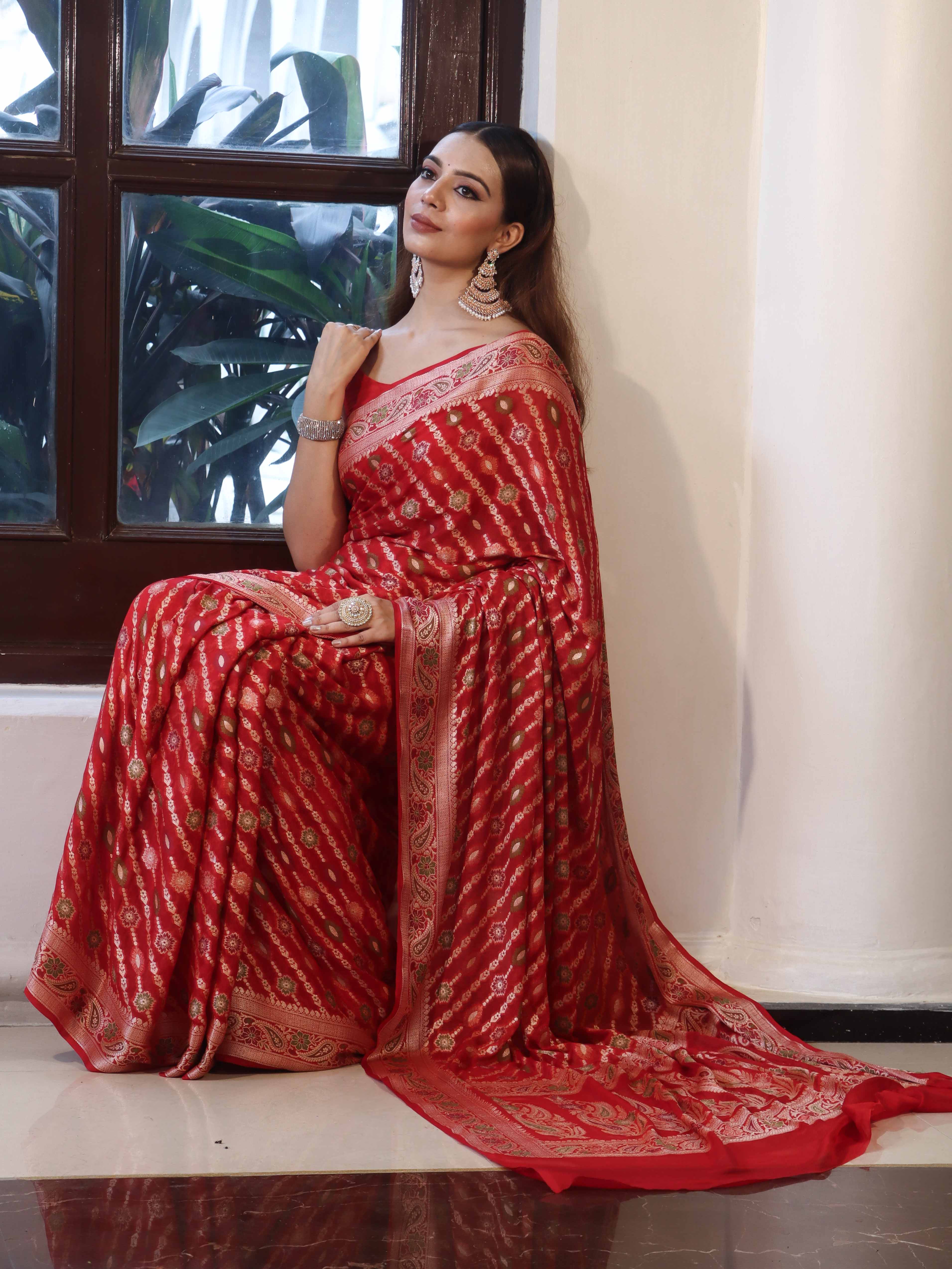Banarasee Pure Chiffon Saree With Gold Zari Work & Border-Red