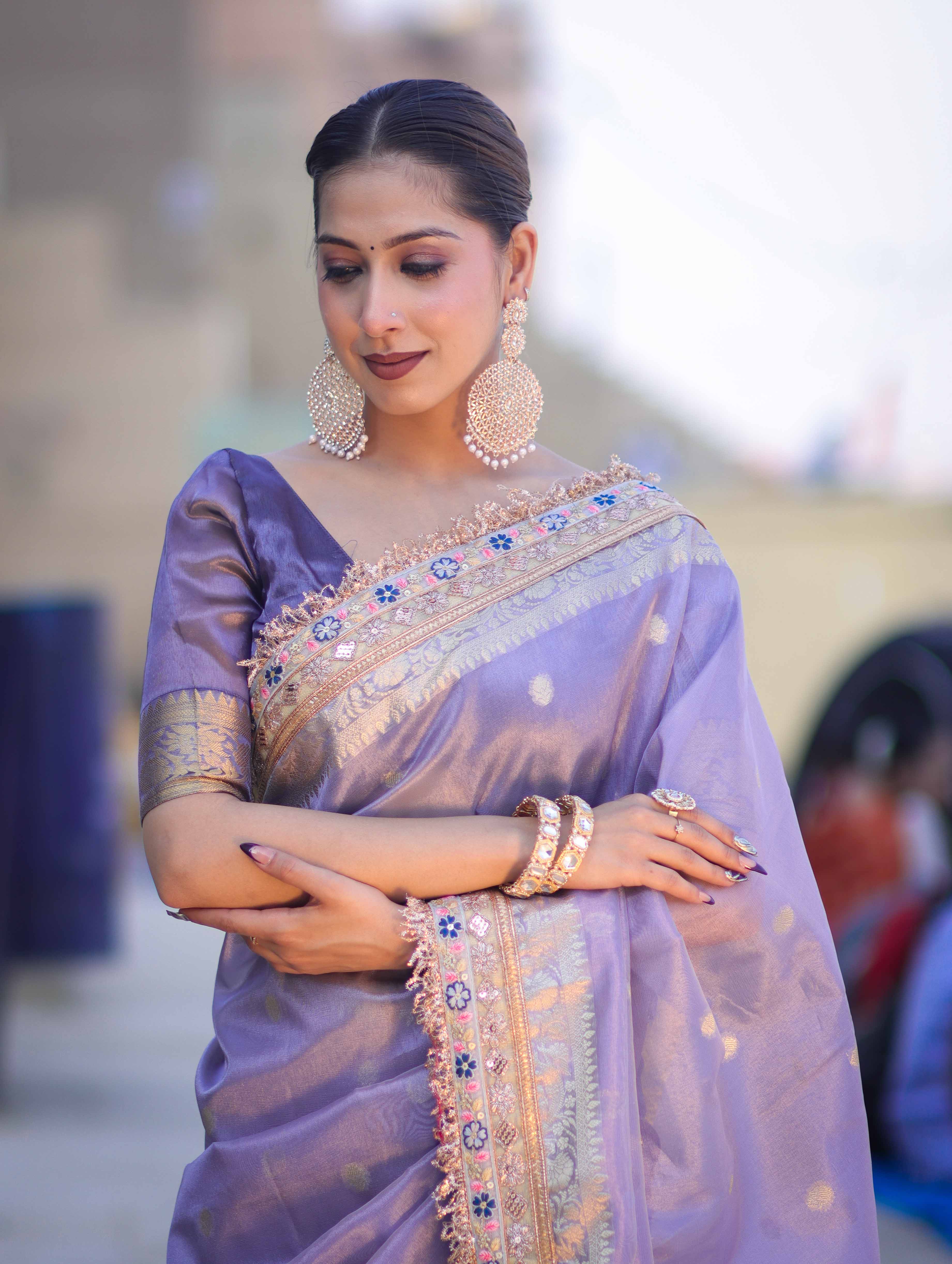 Banarasee Handloom Tissue Saree With Zari Buti Design Floral Border & Lace-Pastel Purple