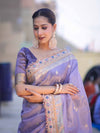 Banarasee Handloom Tissue Saree With Zari Buti Design Floral Border & Lace-Pastel Purple