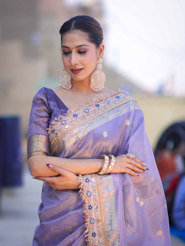 Banarasee Handloom Tissue Saree With Zari Buti Design Floral Border & Lace-Pastel Purple