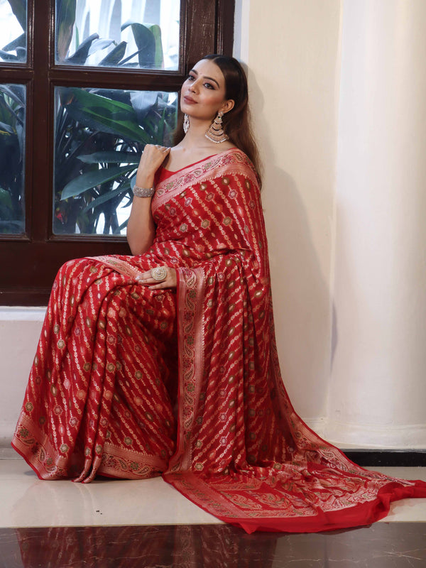 Banarasee Pure Chiffon Saree With Gold Zari Work & Border-Red