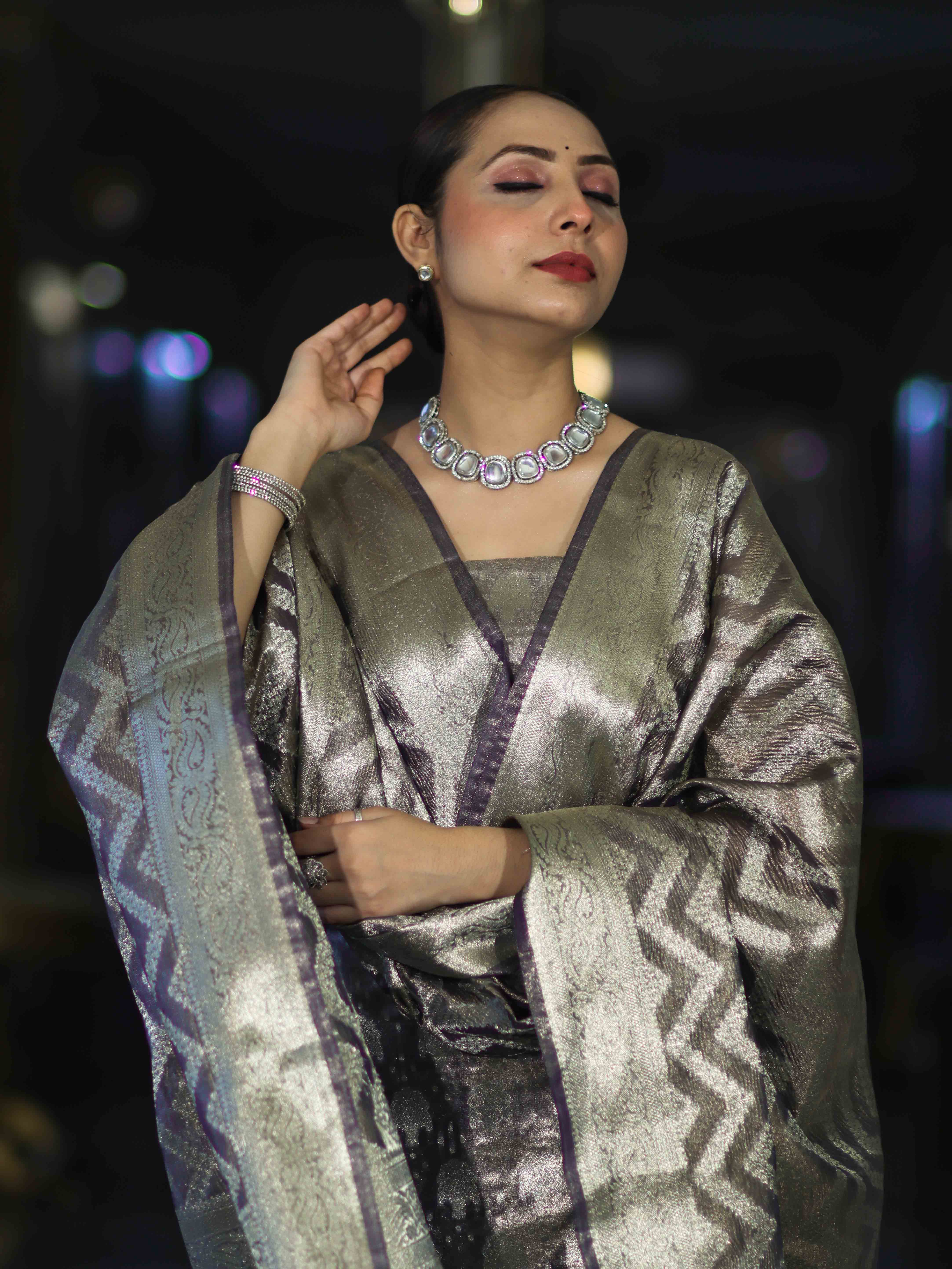 Banarasee Tissue Zari Work Salwar Kameez Fabric With Dupatta Set-Violet