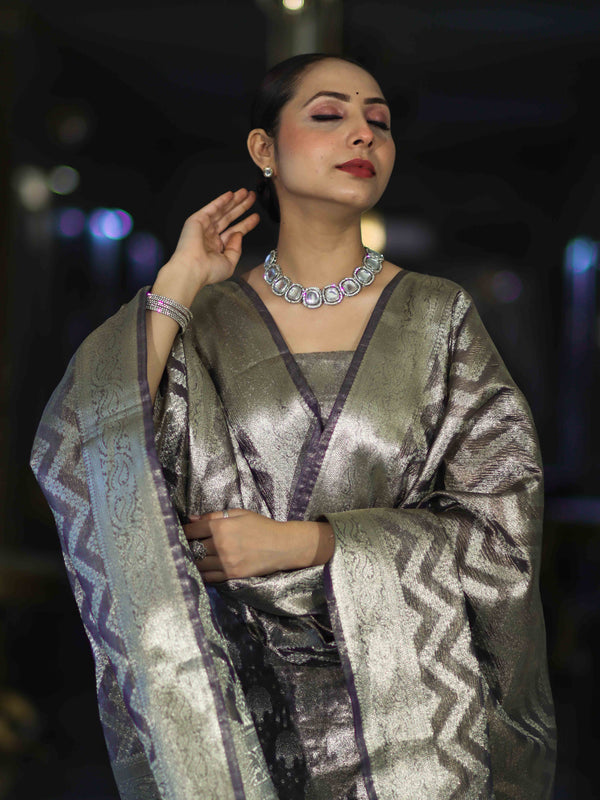 Banarasee Tissue Zari Work Salwar Kameez Fabric With Dupatta Set-Violet