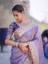 Banarasee Handloom Tissue Saree With Zari Buti Design Floral Border & Lace-Pastel Purple