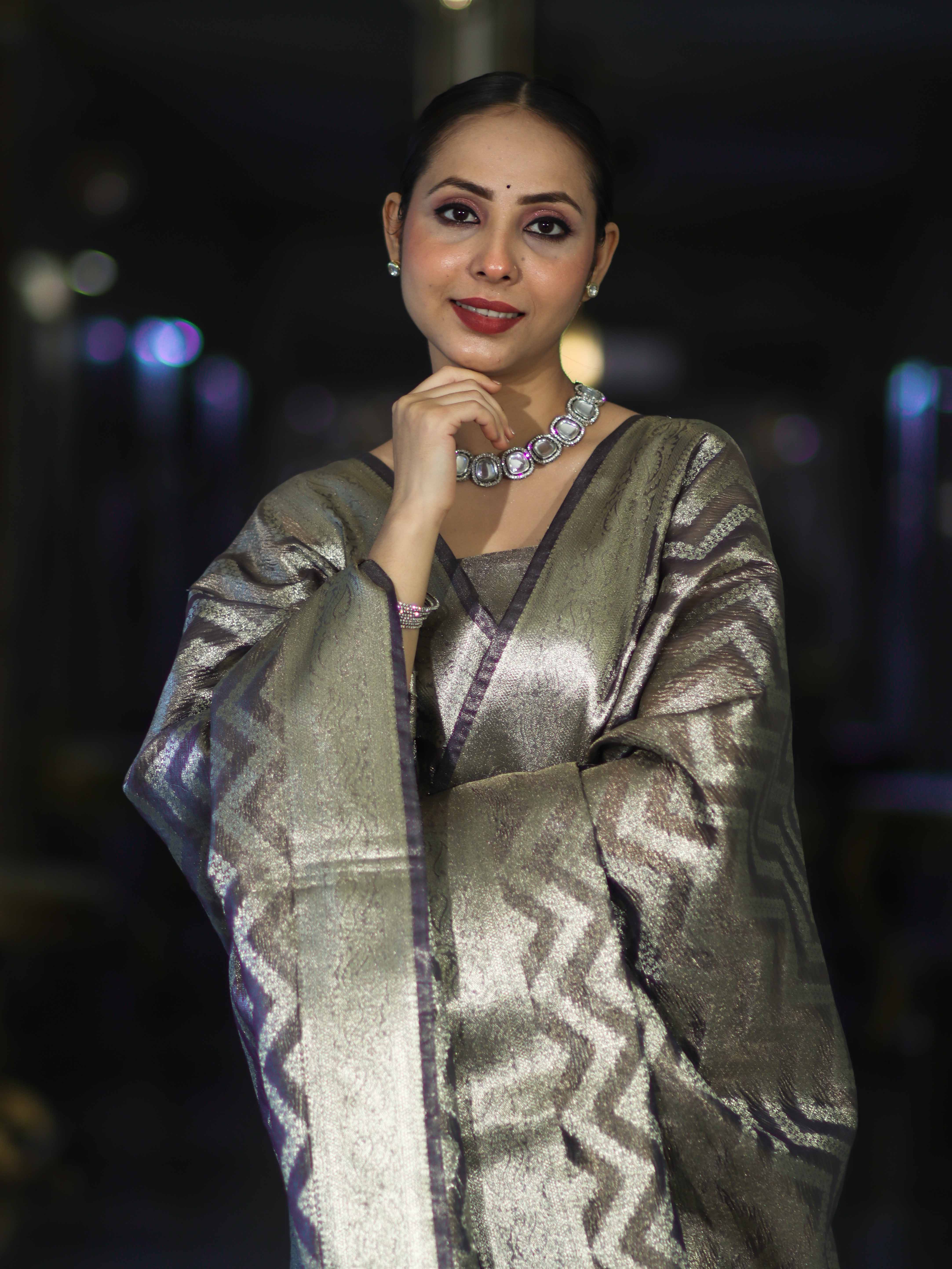 Banarasee Tissue Zari Work Salwar Kameez Fabric With Dupatta Set-Violet