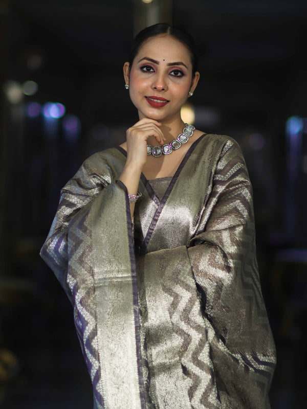 Banarasee Tissue Zari Work Salwar Kameez Fabric With Dupatta Set-Violet