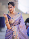 Banarasee Handloom Tissue Saree With Zari Buti Design Floral Border & Lace-Pastel Purple