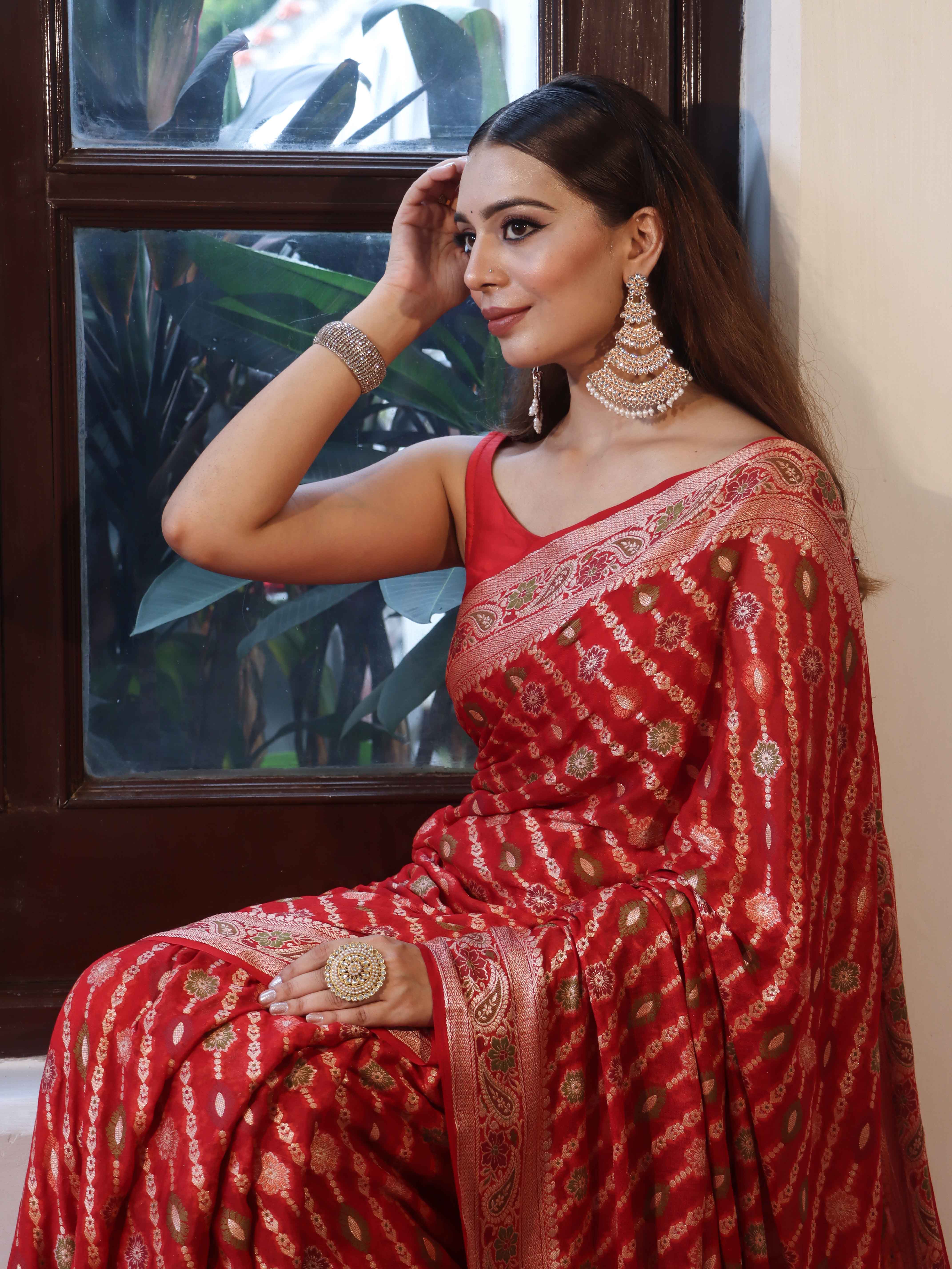Banarasee Pure Chiffon Saree With Gold Zari Work & Border-Red