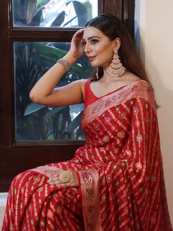 Banarasee Pure Chiffon Saree With Gold Zari Work & Border-Red