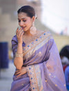 Banarasee Handloom Tissue Saree With Zari Buti Design Floral Border & Lace-Pastel Purple