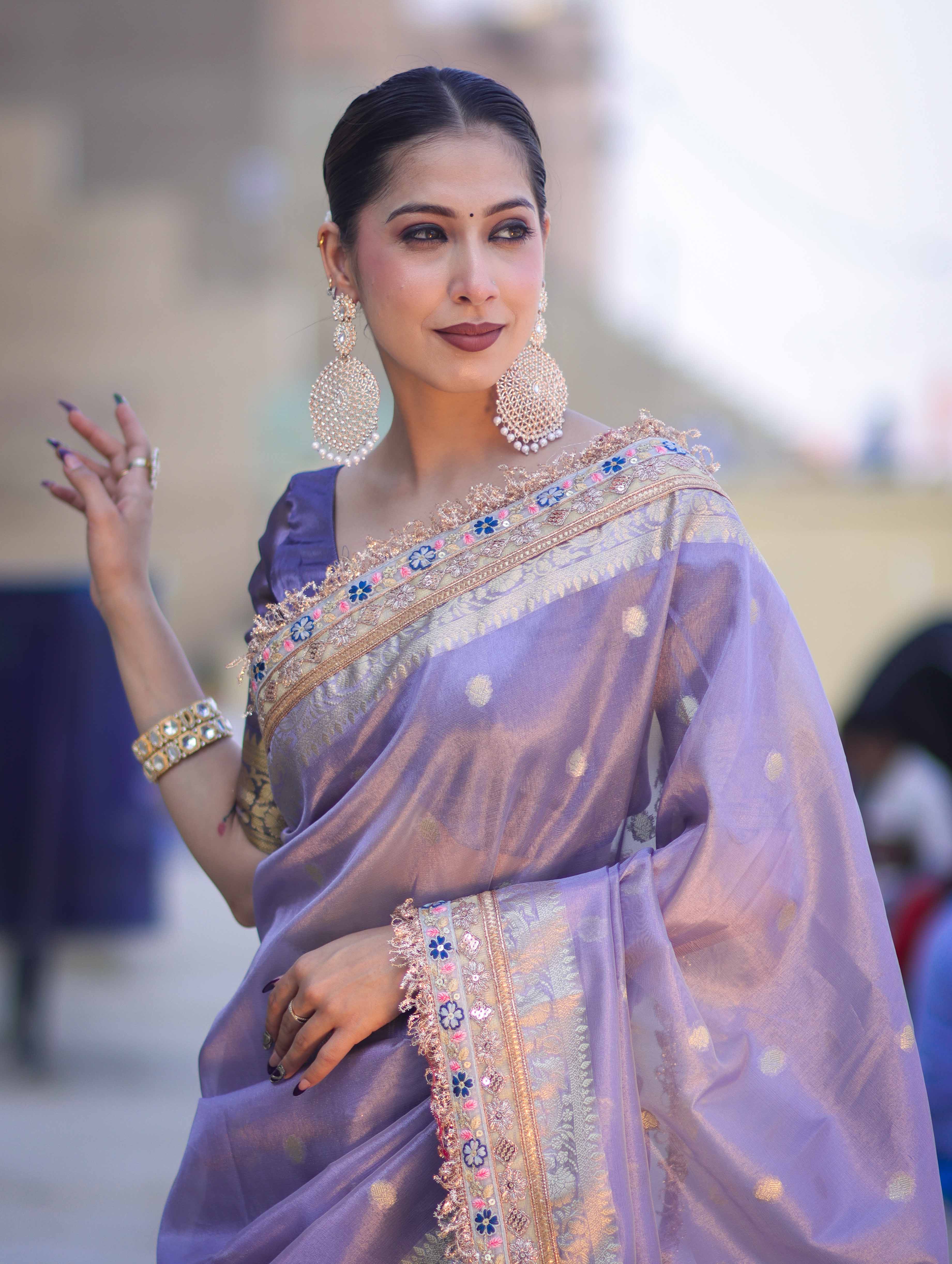 Banarasee Handloom Tissue Saree With Zari Buti Design Floral Border & Lace-Pastel Purple