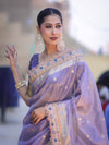 Banarasee Handloom Tissue Saree With Zari Buti Design Floral Border & Lace-Pastel Purple