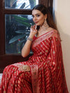 Banarasee Pure Chiffon Saree With Gold Zari Work & Border-Red