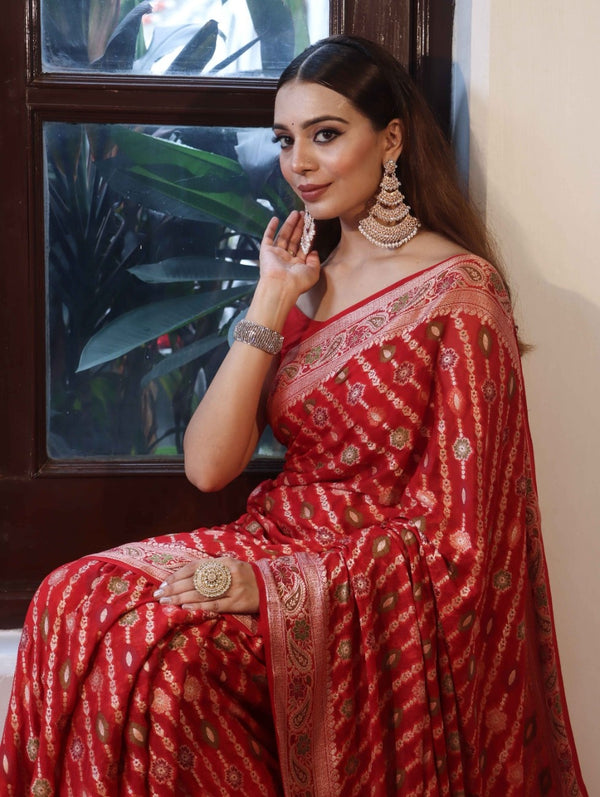 Banarasee Pure Chiffon Saree With Gold Zari Work & Border-Red
