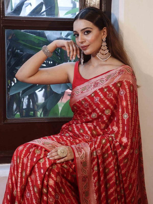 Banarasee Pure Chiffon Saree With Gold Zari Work & Border-Red