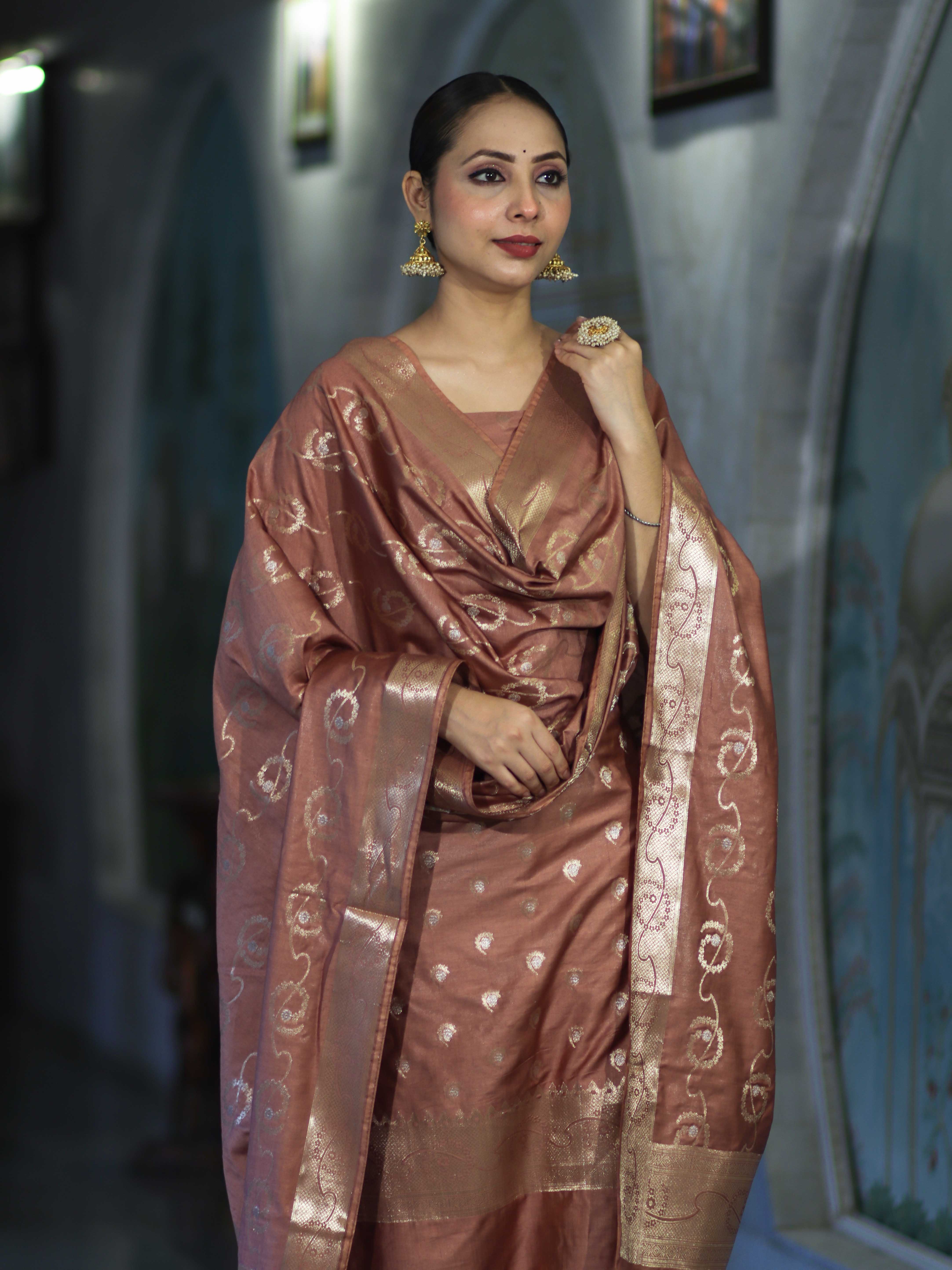 Banarasee Zari Embroidered Chanderi Silk Salwar Kameez With Dupatta Set-Brown