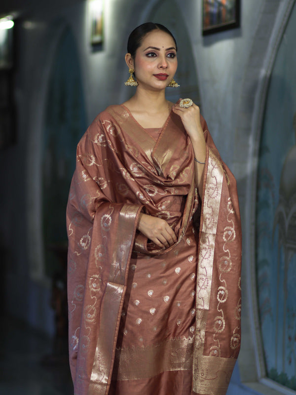 Banarasee Zari Embroidered Chanderi Silk Salwar Kameez With Dupatta Set-Brown