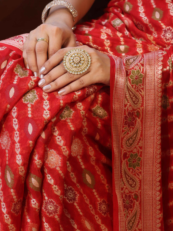 Banarasee Pure Chiffon Saree With Gold Zari Work & Border-Red