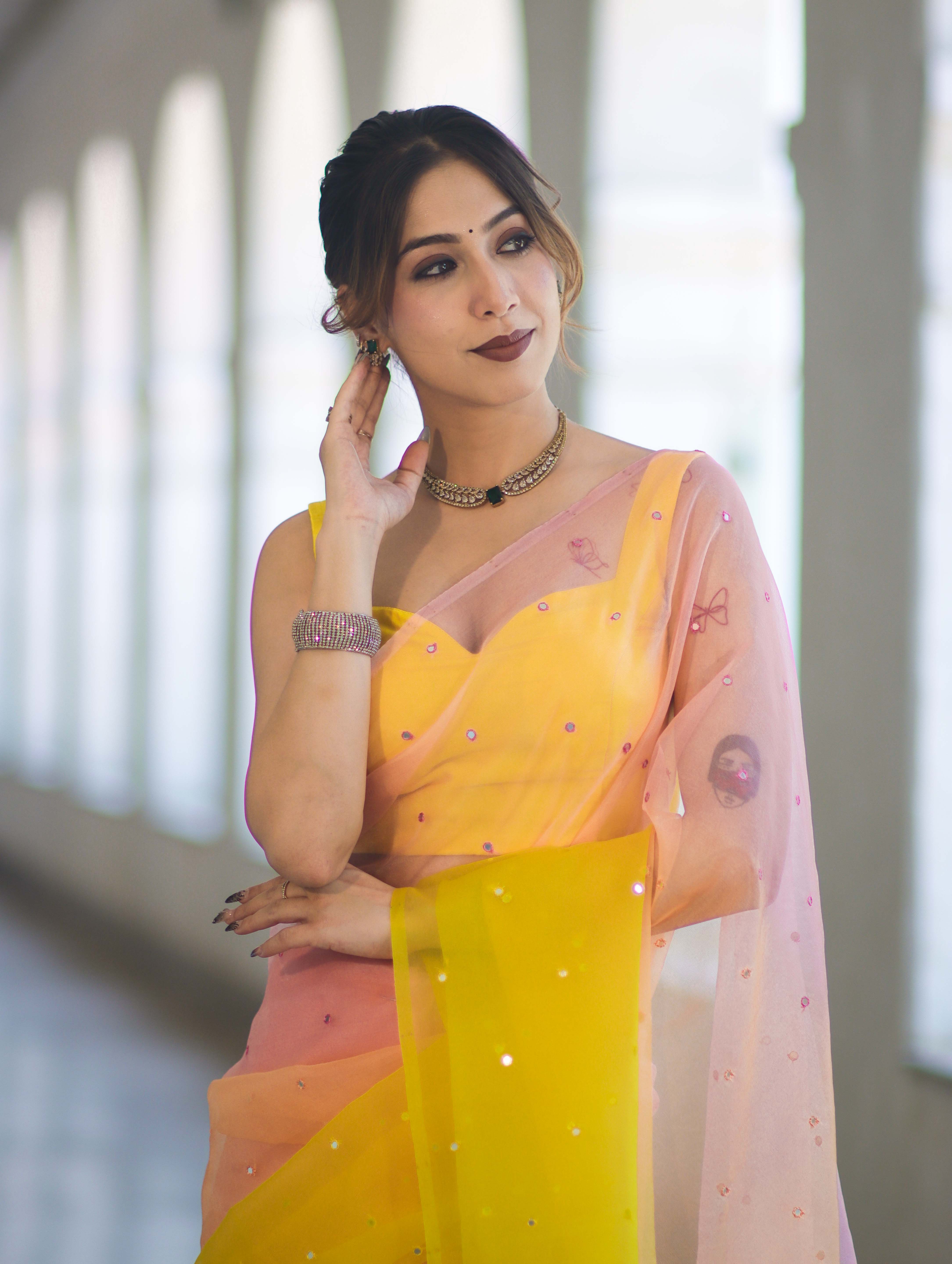 Banarasee Handwoven Organza Mix Saree With Mirror Work-Multicolor