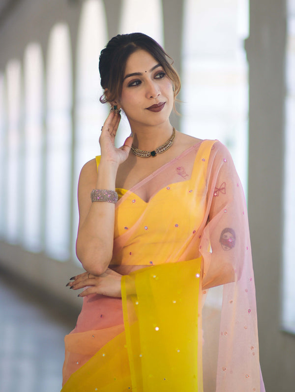 Banarasee Handwoven Organza Mix Saree With Mirror Work-Multicolor
