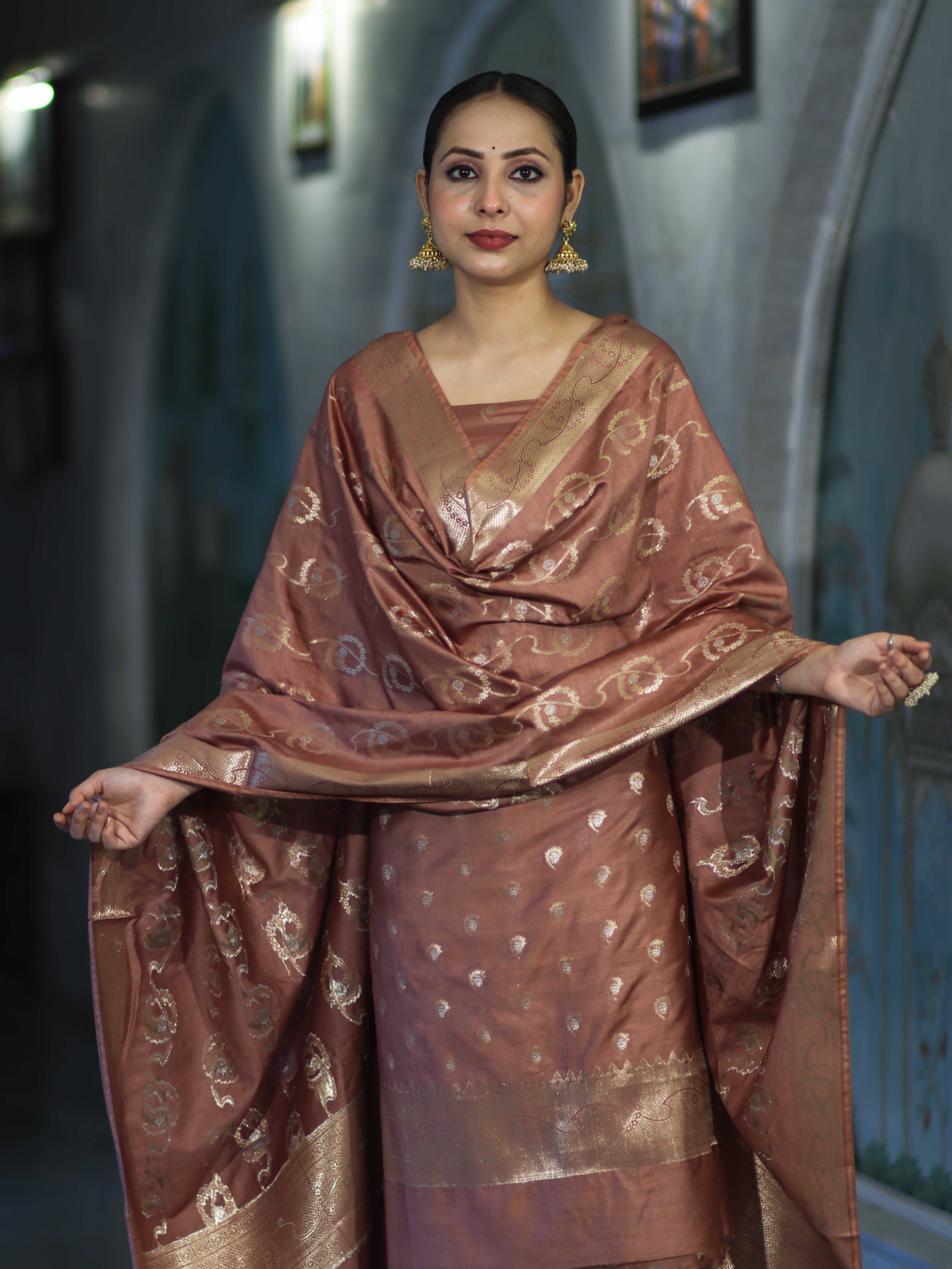 Banarasee Zari Embroidered Chanderi Silk Salwar Kameez With Dupatta Set-Brown