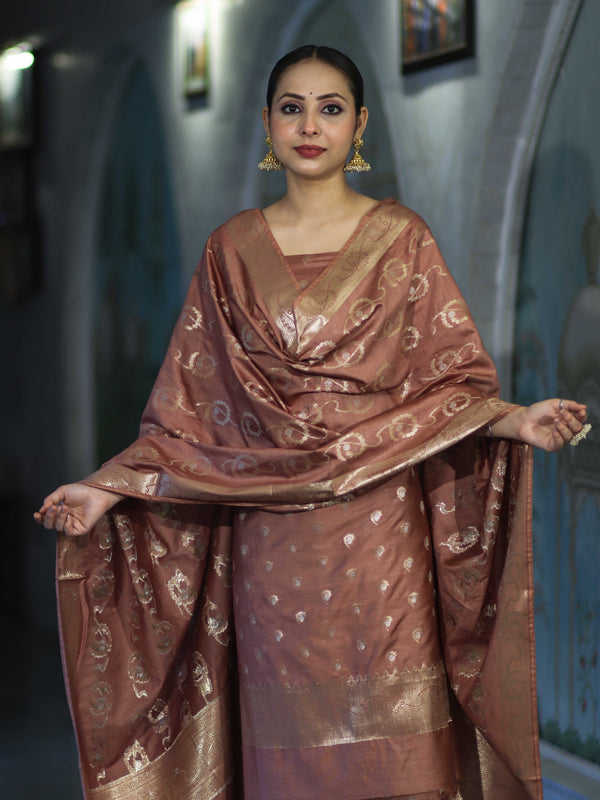 Banarasee Zari Embroidered Chanderi Silk Salwar Kameez With Dupatta Set-Brown