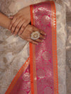 Banarasee Organza Mix Saree With Zari Jaal Design & Contrast Border-Silver & Pink