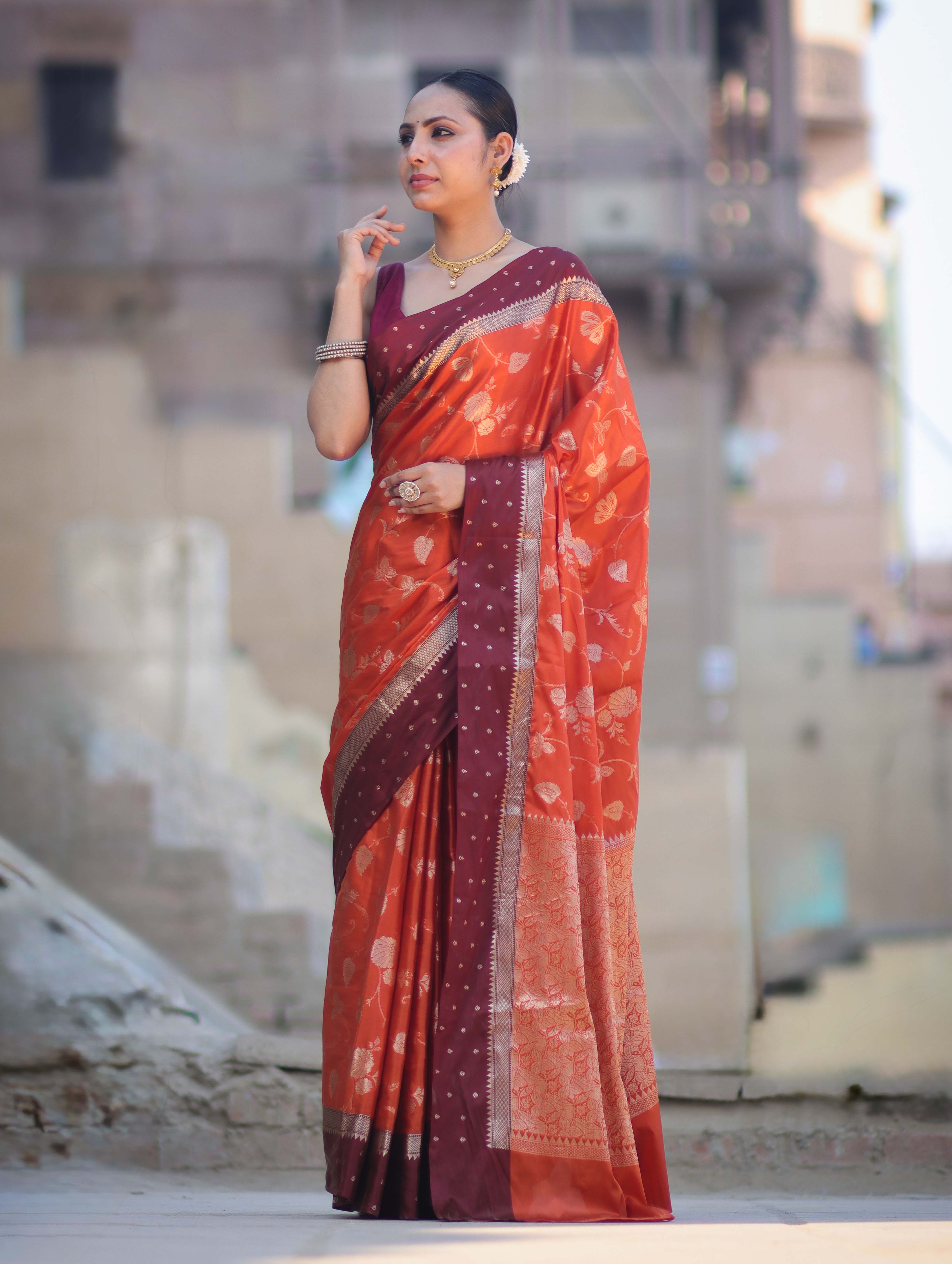Banarasee Handloom Semi Silk Saree With Buta Design & Contrast Border-Rust & Burgundy