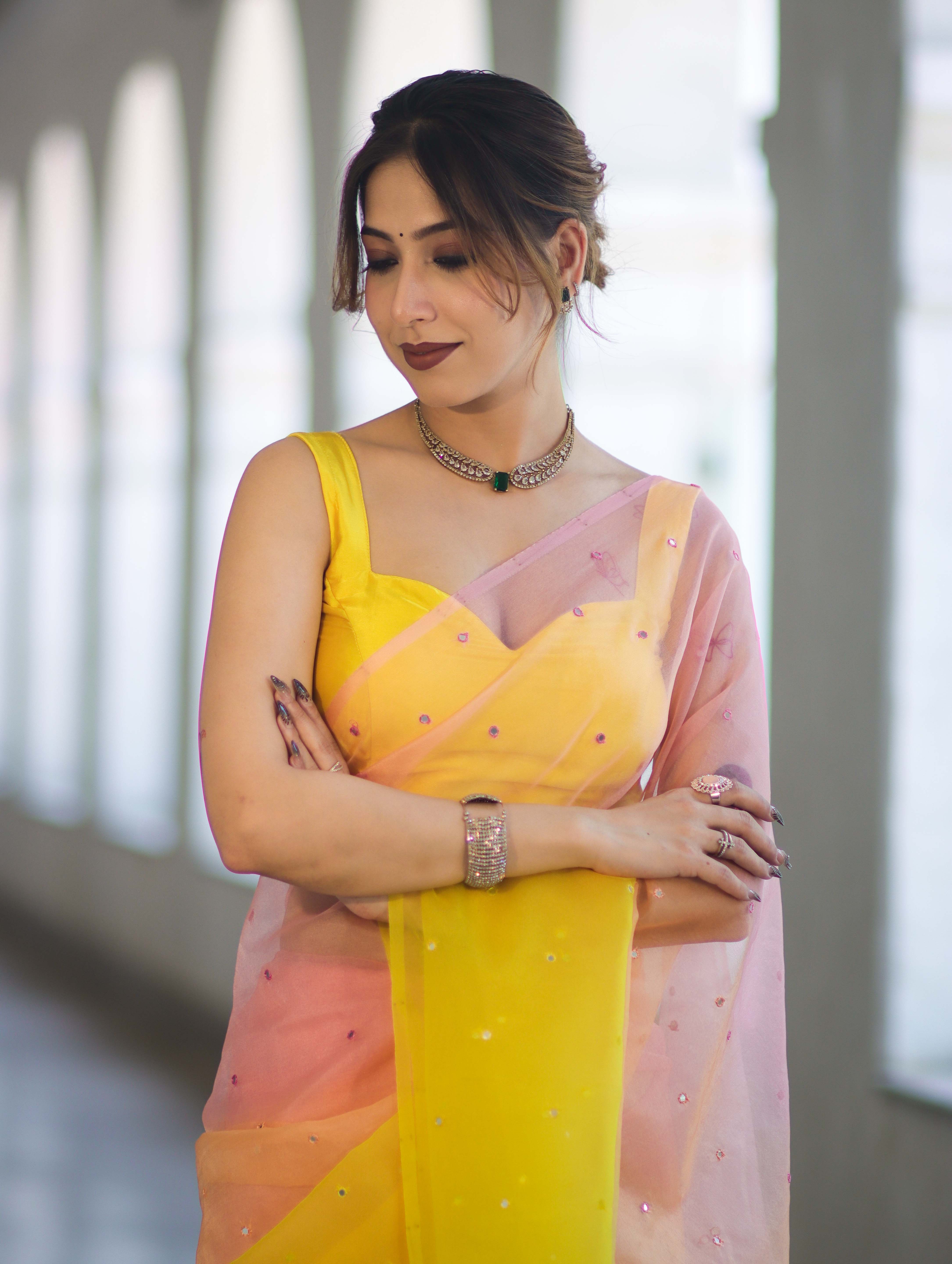 Banarasee Handwoven Organza Mix Saree With Mirror Work-Multicolor