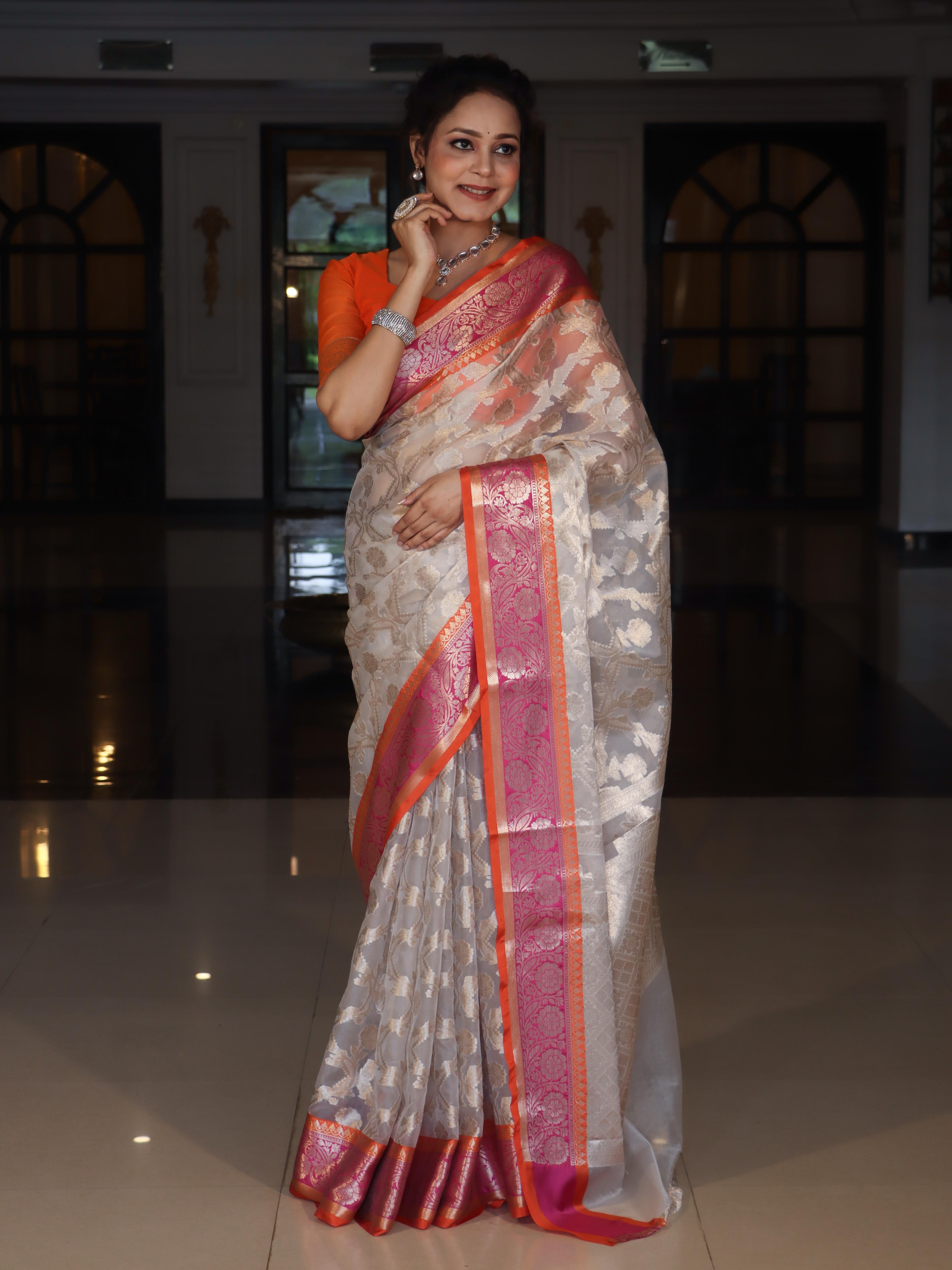 Banarasee Organza Mix Saree With Zari Jaal Design & Contrast Border-Silver & Pink