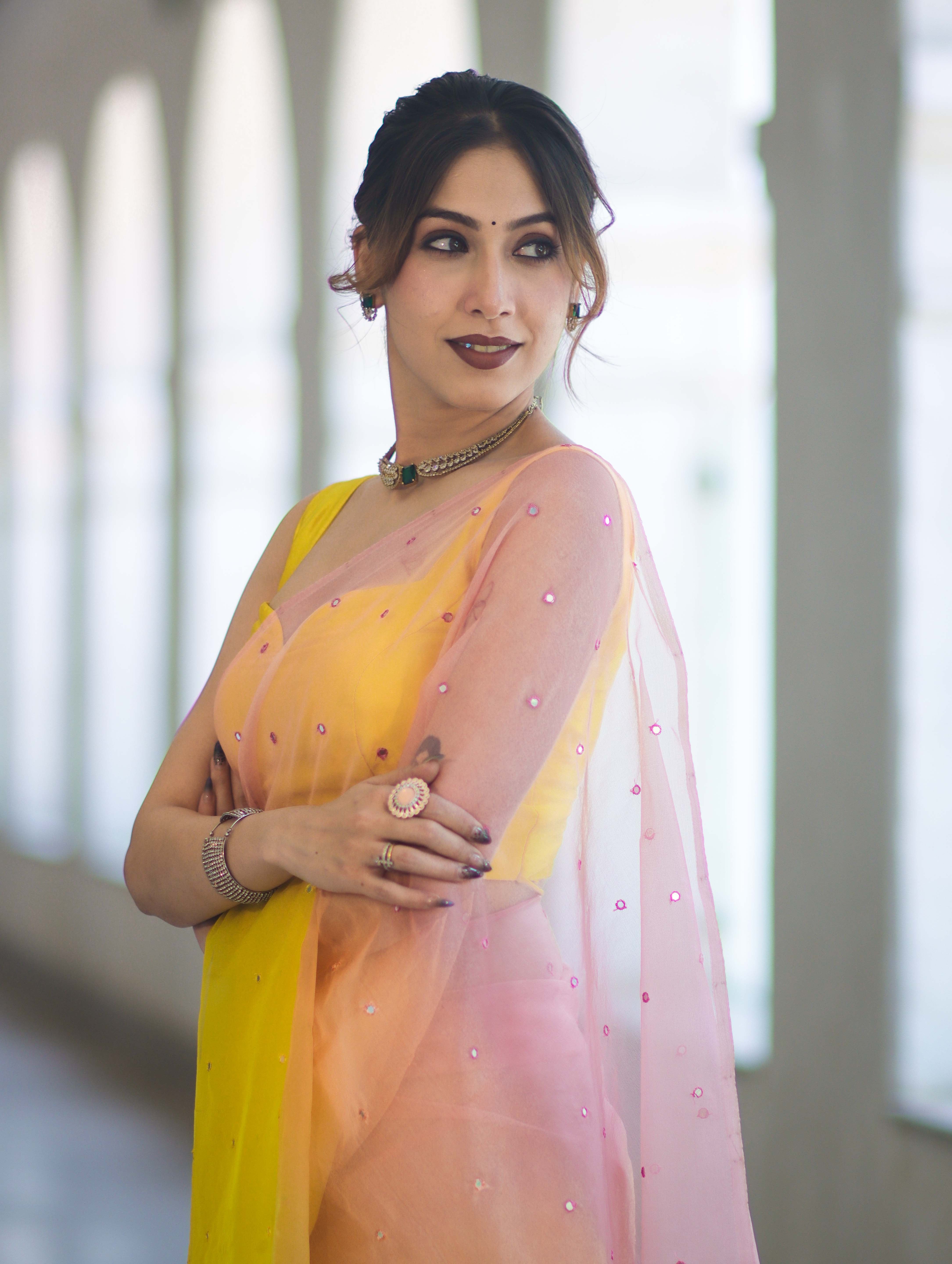 Banarasee Handwoven Organza Mix Saree With Mirror Work-Multicolor