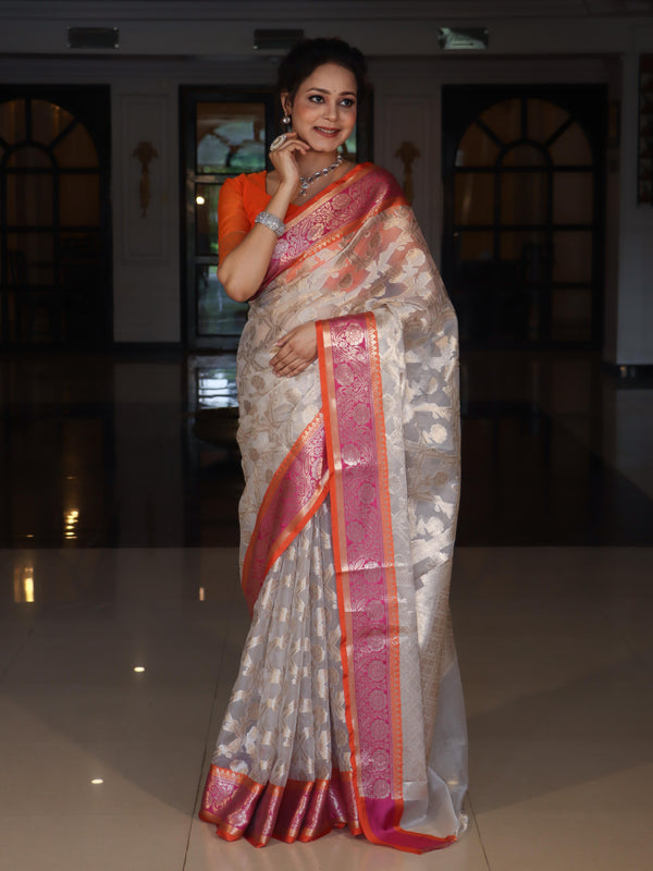 Banarasee Organza Mix Saree With Zari Jaal Design & Contrast Border-Silver & Pink
