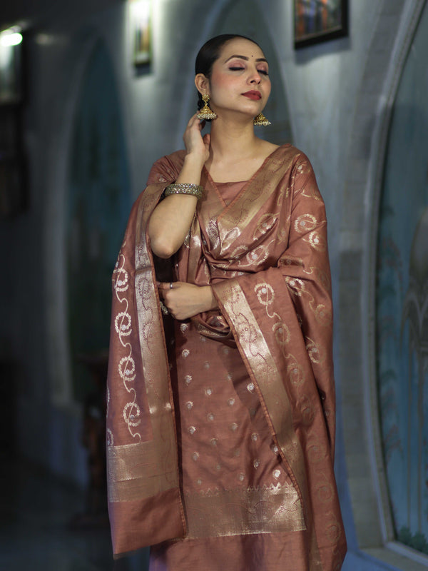 Banarasee Zari Embroidered Chanderi Silk Salwar Kameez With Dupatta Set-Brown