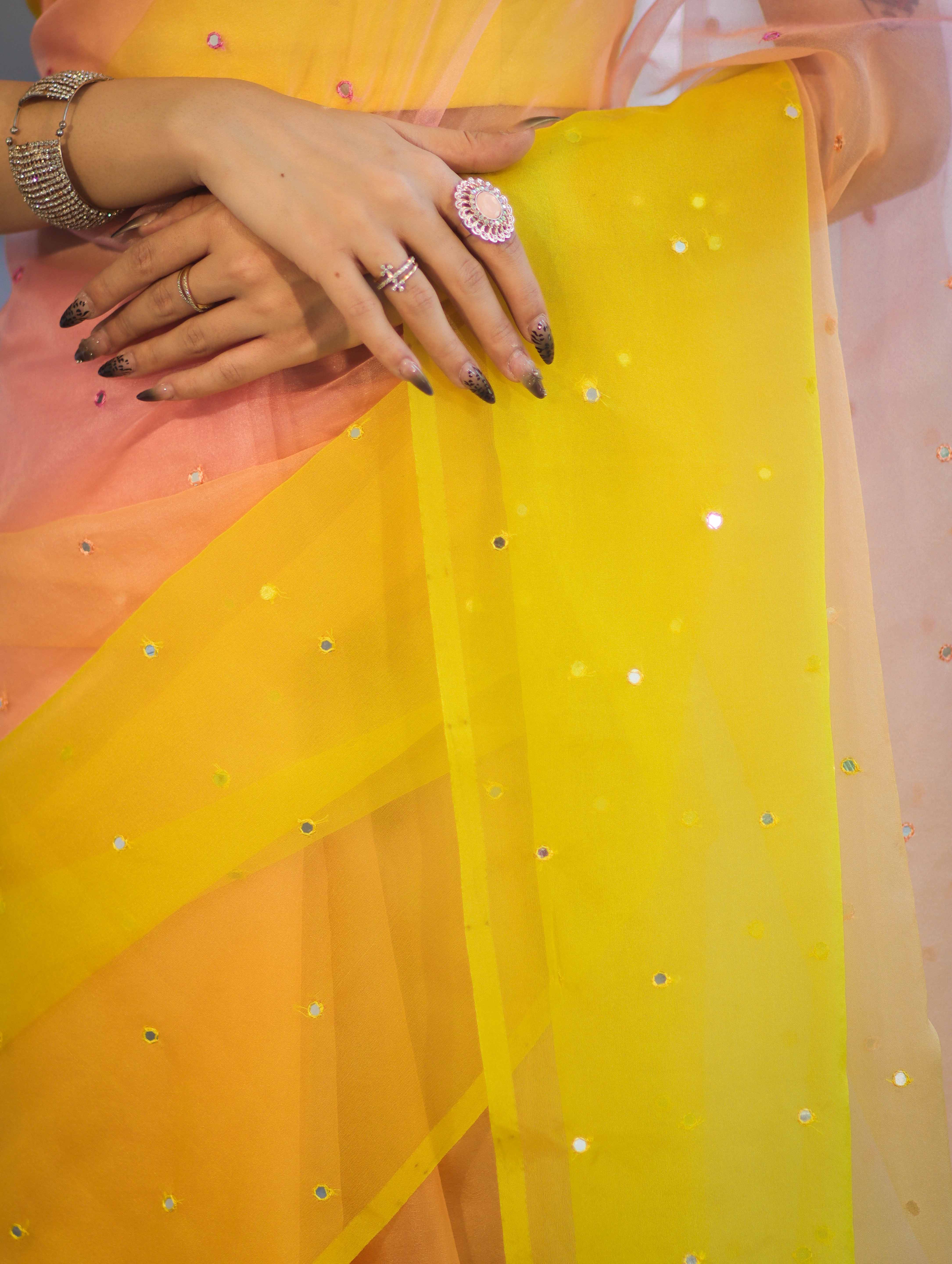 Banarasee Handwoven Organza Mix Saree With Mirror Work-Multicolor