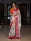 Banarasee Organza Mix Saree With Zari Jaal Design & Contrast Border-Silver & Pink