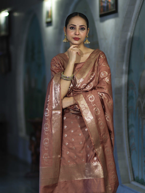 Banarasee Zari Embroidered Chanderi Silk Salwar Kameez With Dupatta Set-Brown