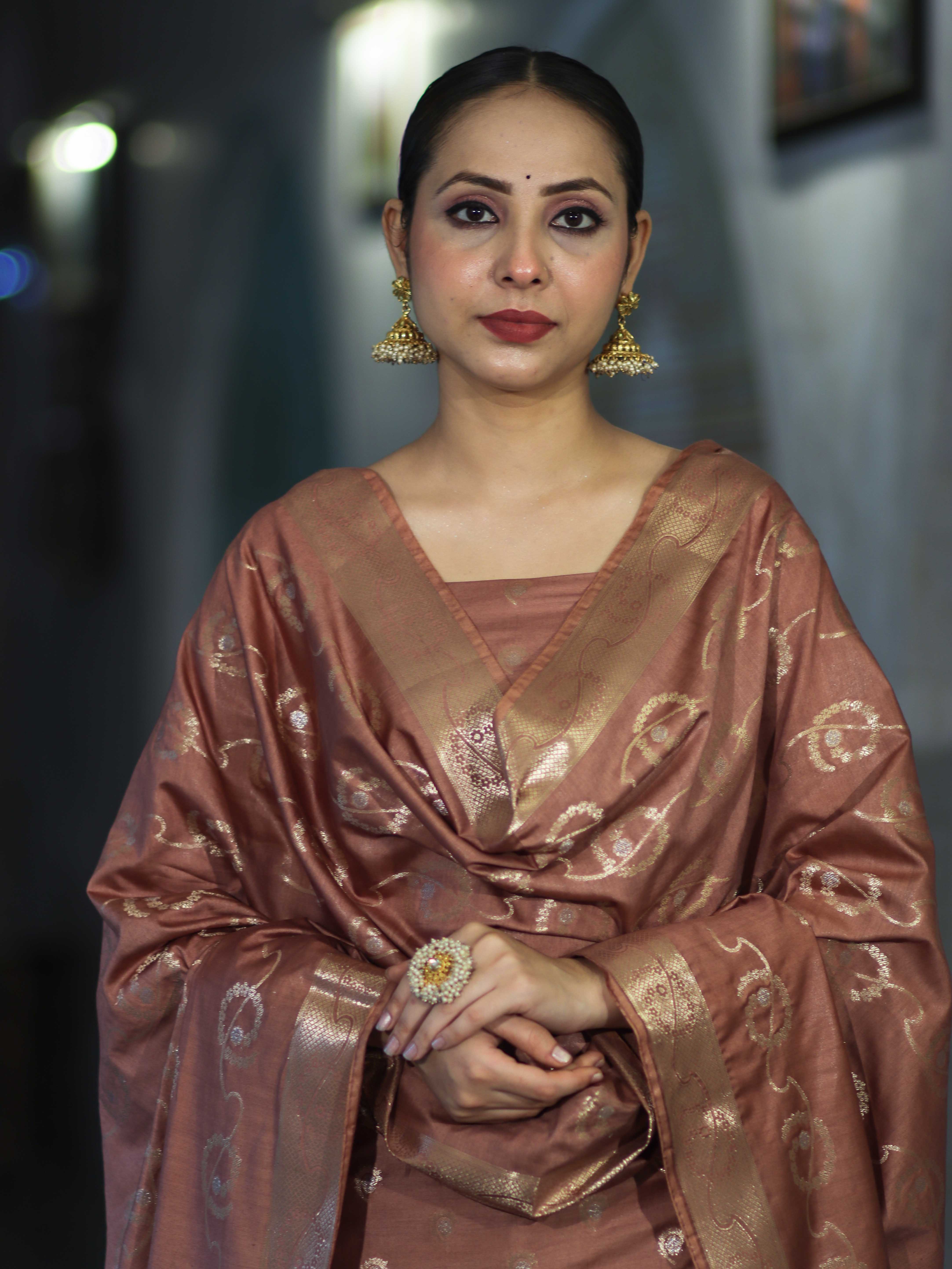 Banarasee Zari Embroidered Chanderi Silk Salwar Kameez With Dupatta Set-Brown