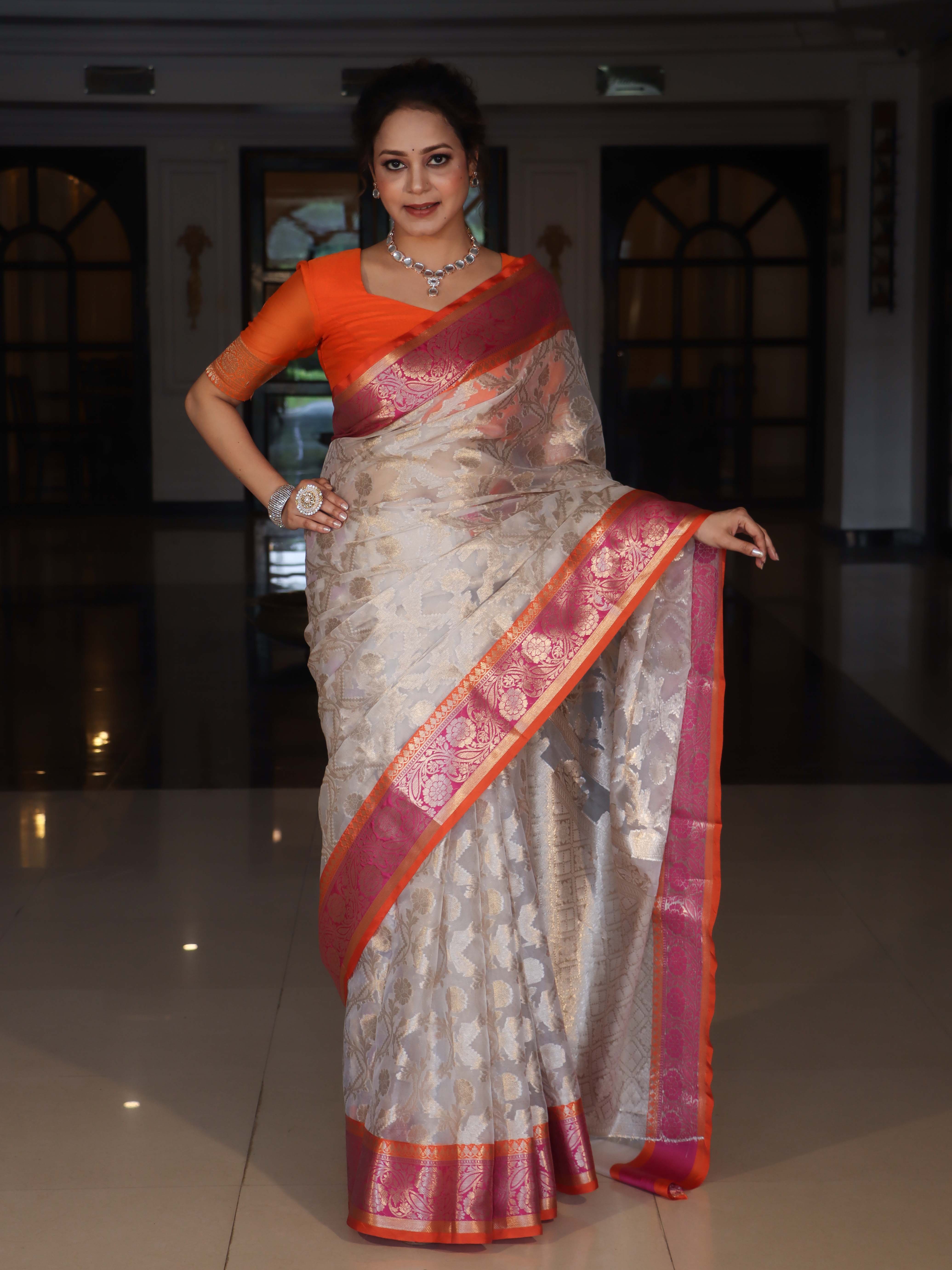 Banarasee Organza Mix Saree With Zari Jaal Design & Contrast Border-Silver & Pink